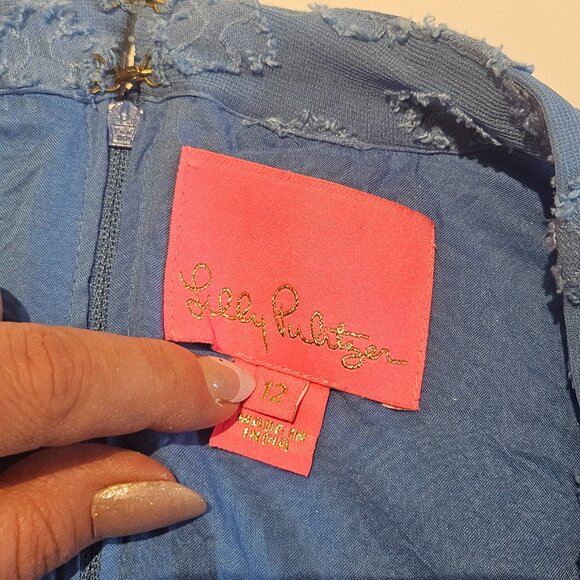 Lilly Pulitzer Dress Size 12 Arleah Blue Thistle Polka Dots Pom Pom Preppy Chic - Picture 8 of 12